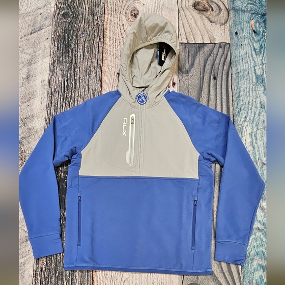 RLX Half Zip Hooded Wicking Pullover Golf Jacket Men's Size Small Blue & Gray